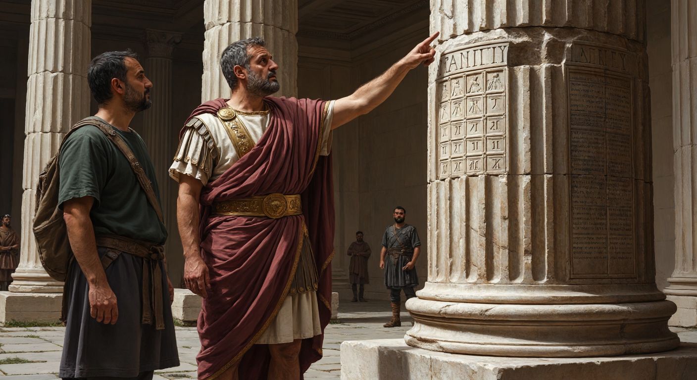A weathered Roman emperor in a toga stands beside an ancient stone calendar, pointing at the shorter February column while a modern Turkish observer in casual attire watches curiously.