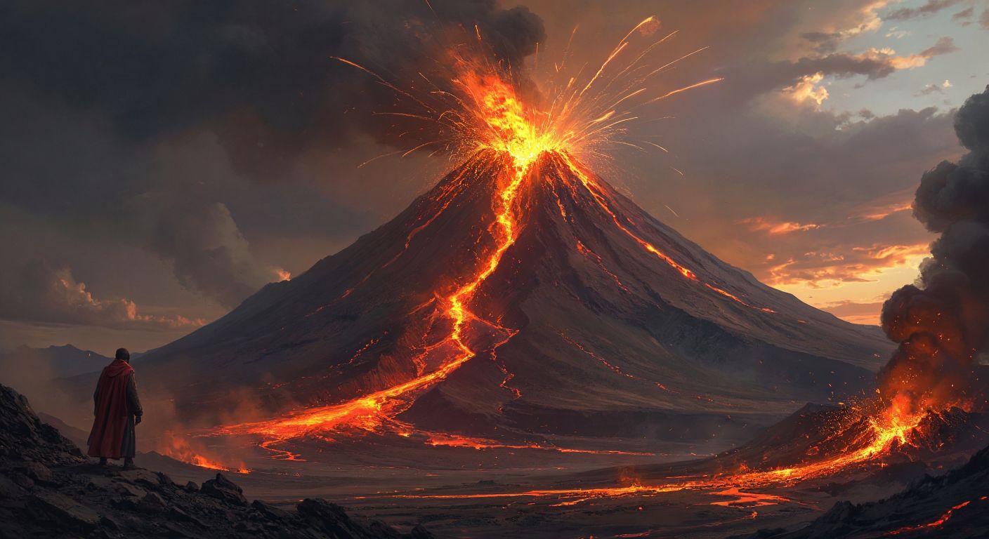 A towering, sturdy mountain (representing **üst coin**) stands firmly beside a smaller, dynamic volcano (representing **alt coin**), with the mountain exuding calm stability while the volcano crackles with energetic bursts of lava, set against a Turkish bazaar backdrop where traders observe the scene with curiosity.