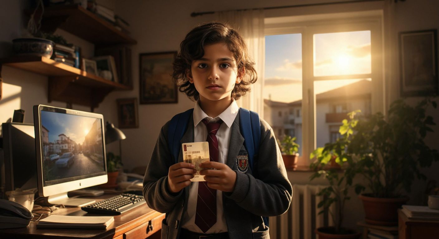 A determined young student in a school uniform stands in front of a computer screen in a sunlit Turkish home, clutching their ID card with focused anticipation.