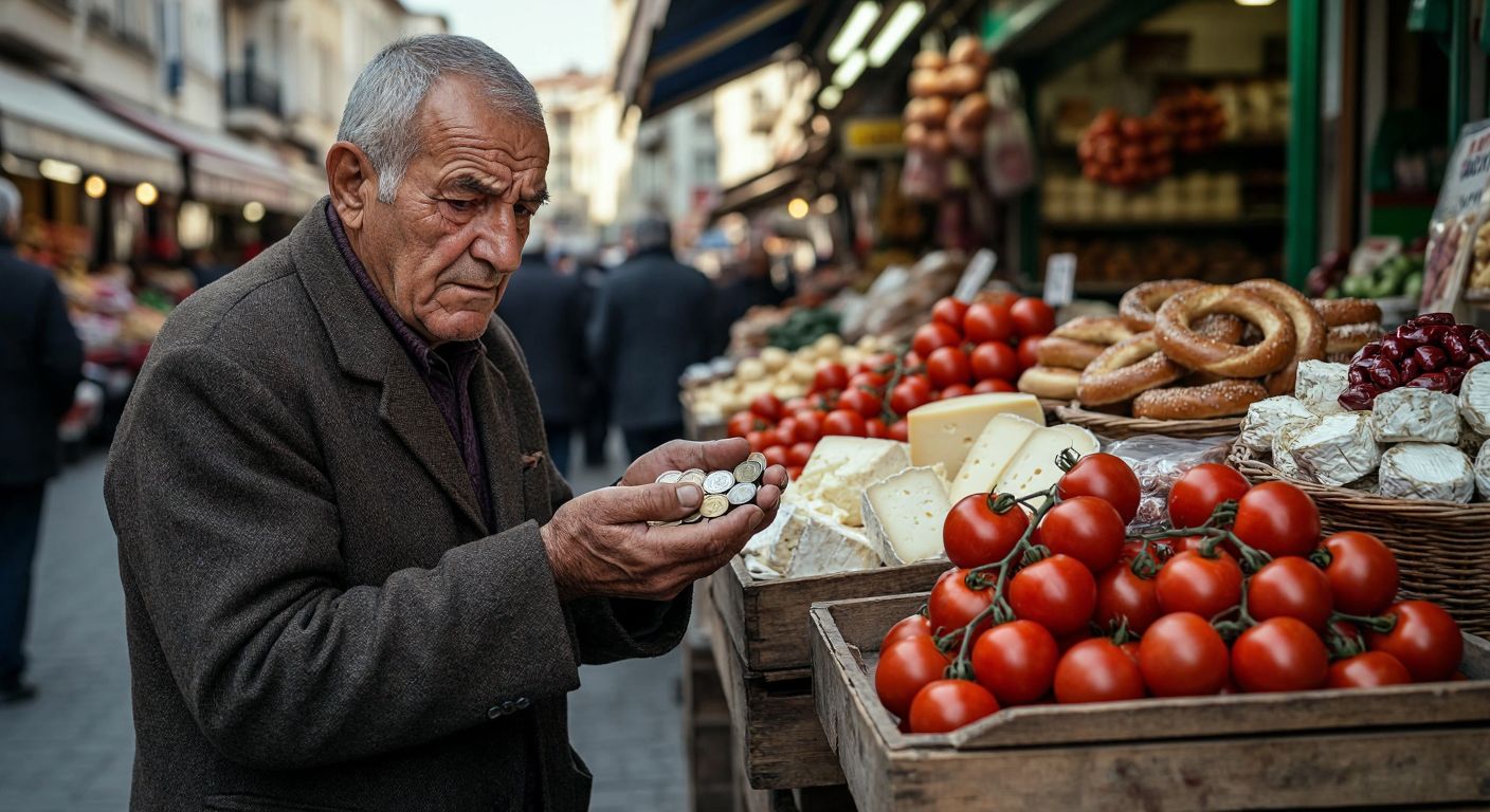 A wrinkled elderly Turkish man in a bustling bazaar holds a handful of lira coins, looking wistfully at a small pile of fresh simit, tomatoes, and cheese on a wooden stall.