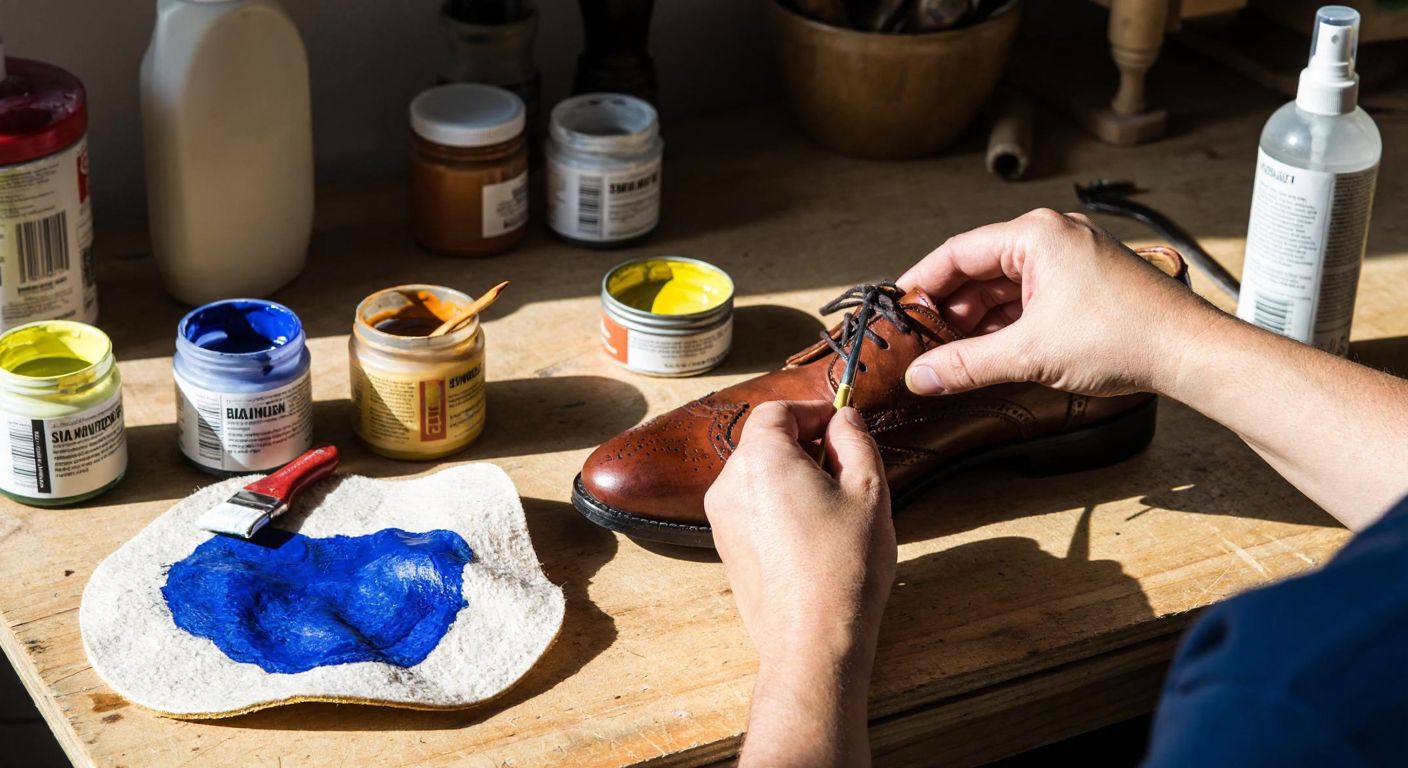 A pair of hands carefully painting a worn leather shoe with a small brush, surrounded by open paint jars, a damp cloth, and a protective spray bottle on a wooden table in a sunlit Turkish workshop.