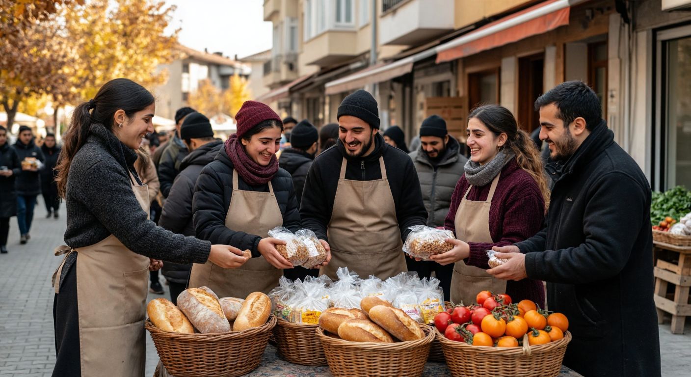 A warm scene in Turkey showing volunteers in aprons distributing food packages and warm clothing to smiling families in need, with baskets of fresh bread and seasonal produce nearby.