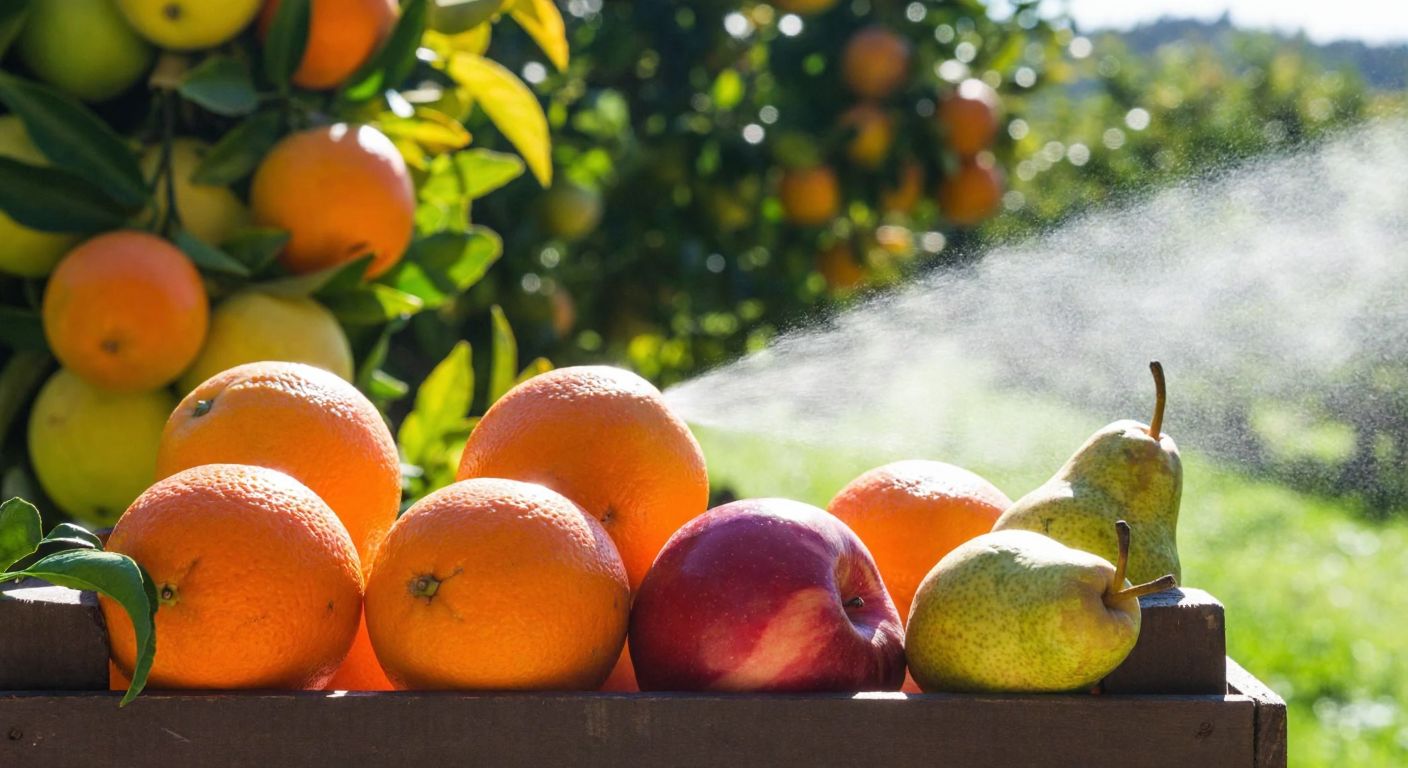 A vibrant still life of fresh oranges, apples, and pears with a faint mist of antifungal spray glistening under sunlight, set against a rustic wooden crate in a Turkish orchard.