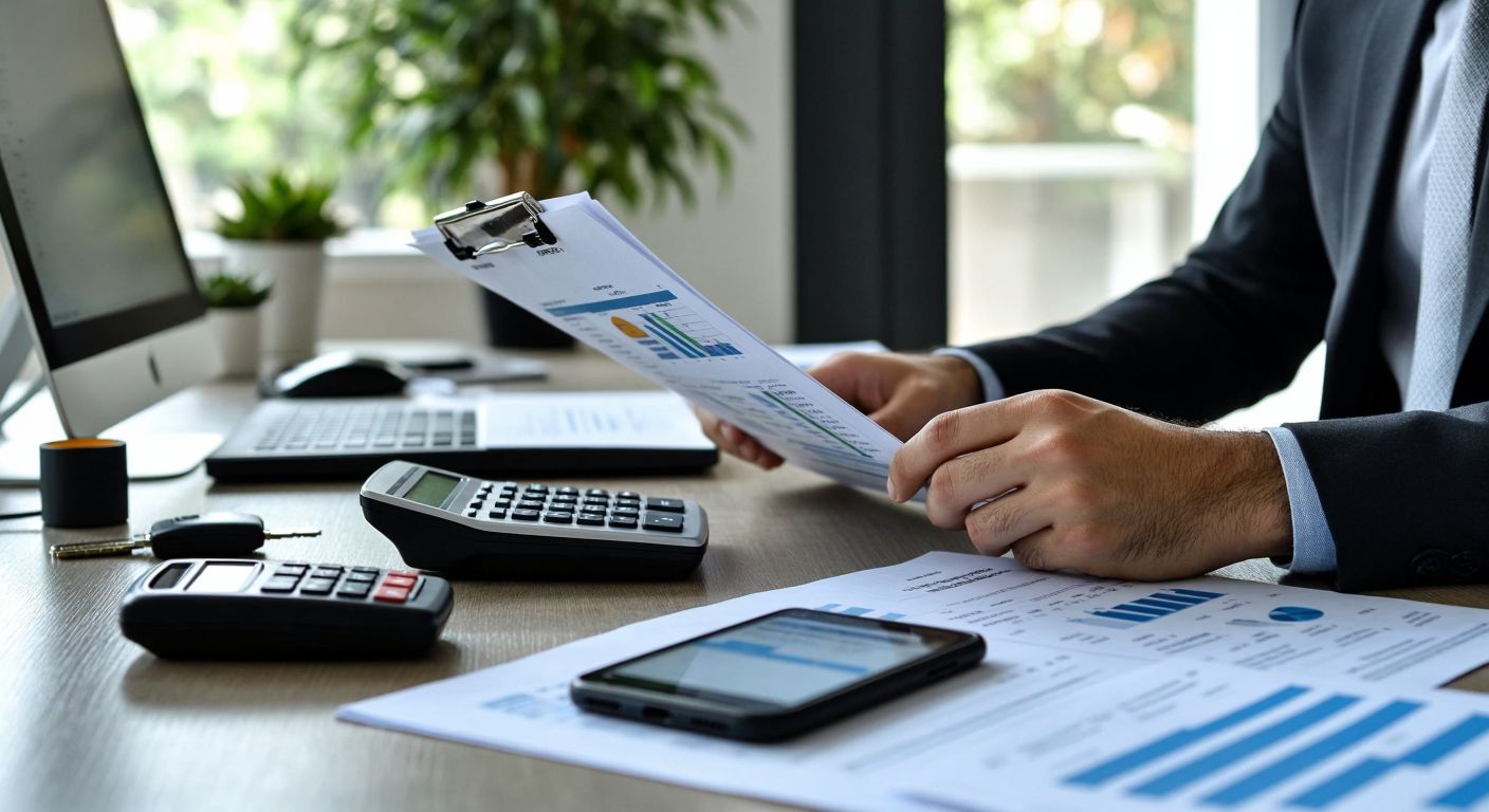 A Turkish accountant in a modern office carefully examines a spreadsheet next to a computer, a car key, and a smartphone, with a calculator and financial documents neatly arranged on the desk.