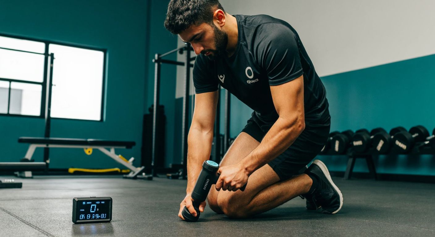 A focused Turkish athlete in a gym setting carefully uses a Compex massage gun on their calf muscle for a brief period, with a timer set to one minute nearby.