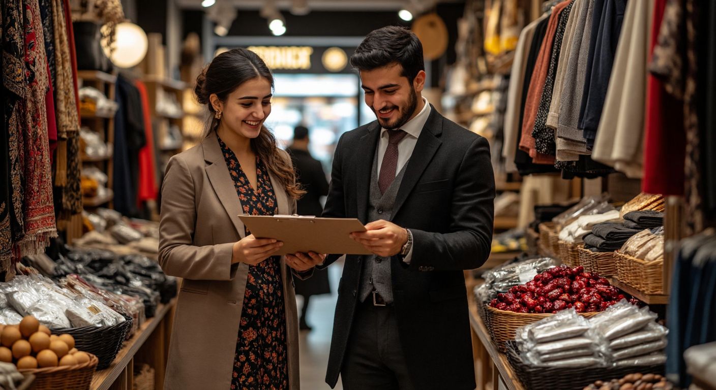 A well-dressed store manager in a bustling Turkish retail shop confidently directs staff, checks inventory, and warmly assists a smiling customer.