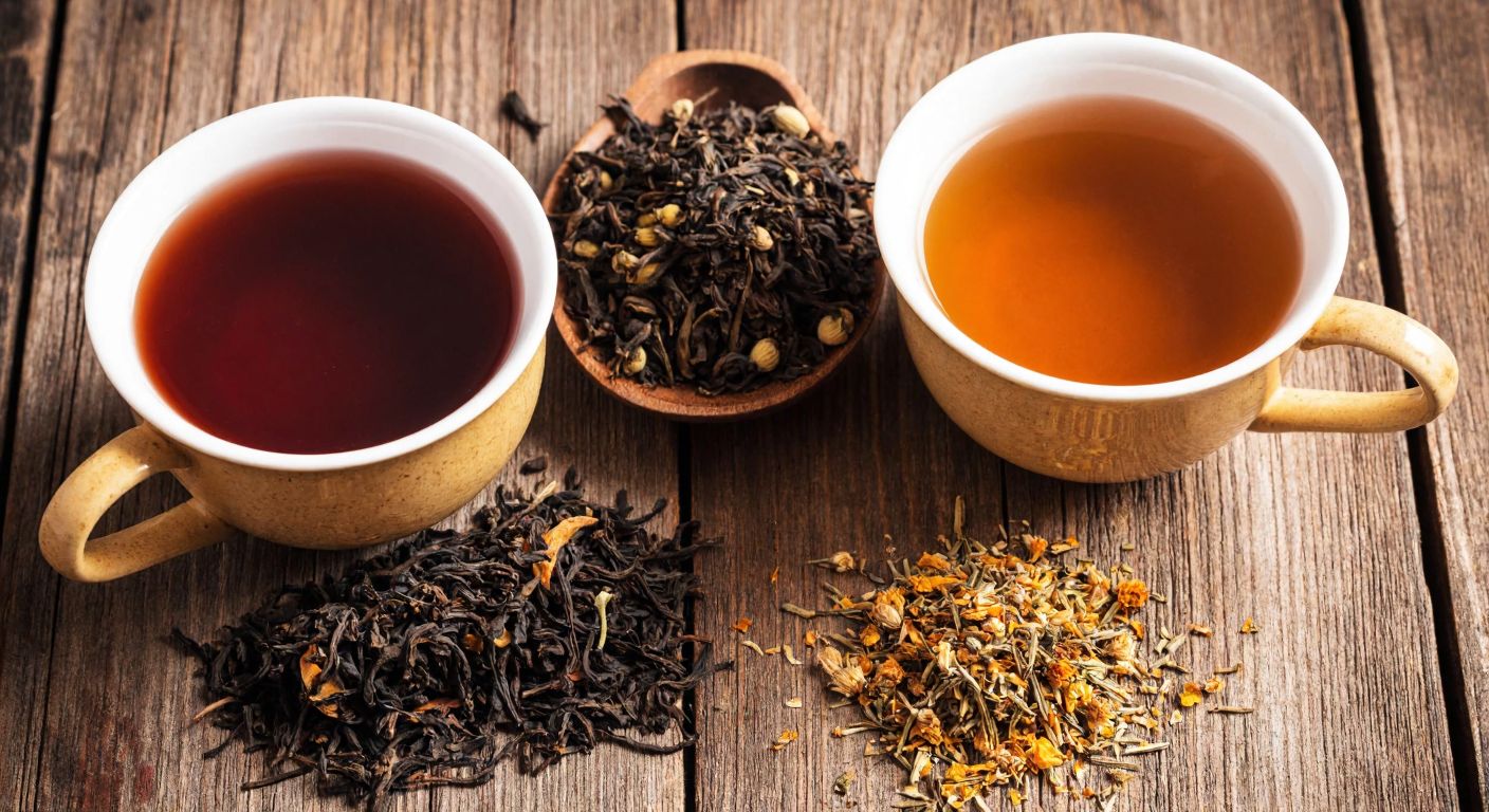 A rustic wooden table holds two steaming cups of tea—one with dark Ceylon tea leaves from Sri Lanka, the other a golden herbal infusion from Aleppo, Syria, surrounded by loose tea leaves and dried herbs.