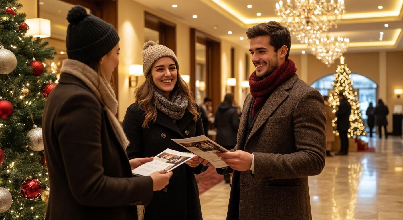 A festive scene in Northern Cyprus with a warmly lit hotel lobby decorated for New Year's Eve, featuring a smiling receptionist handing out brochures to excited guests in winter attire, surrounded by twinkling lights and a grand Christmas tree.