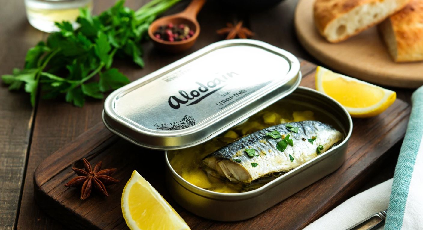 A rustic wooden table in a Turkish kitchen holds an open tin of **Alâeddin** sardines with glistening olive oil, surrounded by fresh herbs, lemon slices, and warm bread, evoking a simple yet flavorful meal.