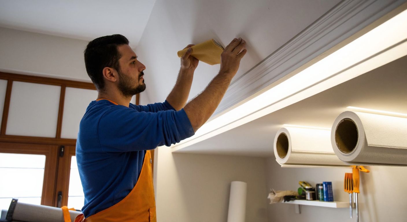 A Turkish craftsman in a well-lit workshop carefully smoothing a freshly installed plaster-based cornice on a suspended ceiling, with rolls of polymer materials and tools like trowels and sandpaper neatly arranged nearby.