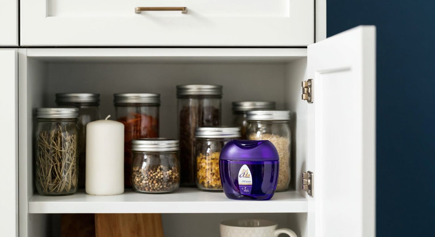 A small, lavender-scented Glade Mini Jel sits on a shelf inside a neatly organized Turkish kitchen cabinet, surrounded by jars of spices and dried herbs.