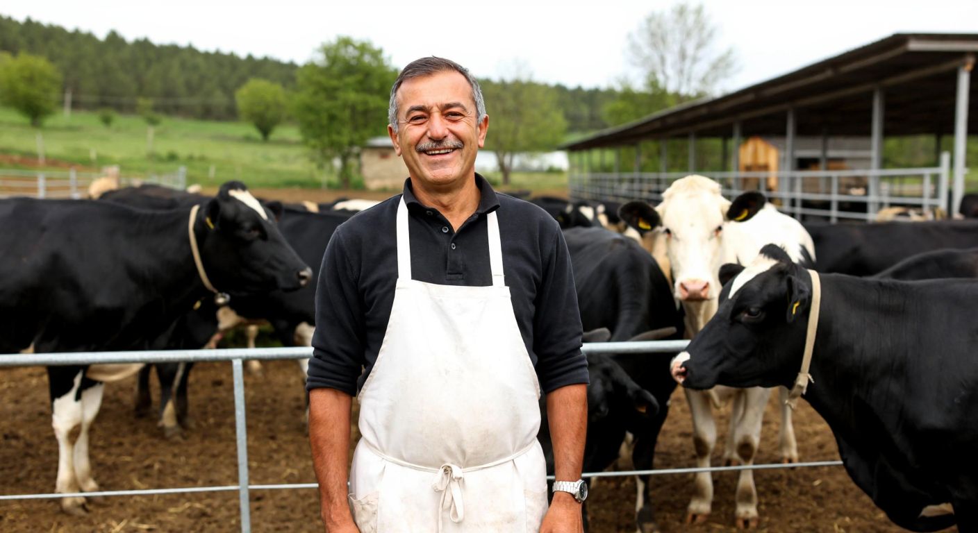 A smiling, elderly Turkish man in a white apron stands proudly beside a small dairy farm with cows, representing Ali Yalçındağ’s humble beginnings with Köylüm.