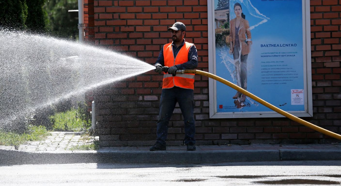 A municipal worker in a bright orange vest sprays high-pressure water from a hose onto a brick wall in Ankara, peeling off a faded poster while droplets scatter in the sunlight.