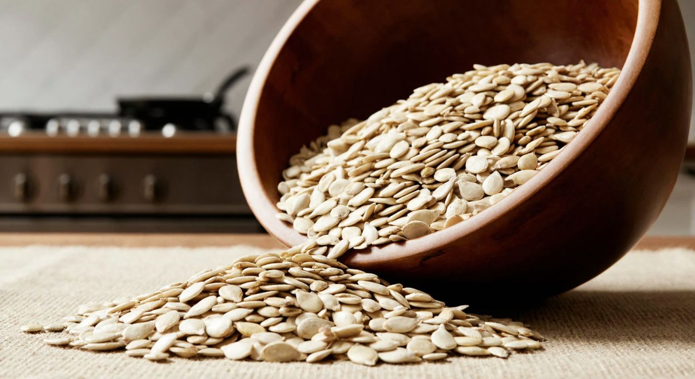 A large wooden bowl filled with raw pumpkin seeds, spilling slightly onto a rustic table, with a Turkish countryside kitchen in the background.