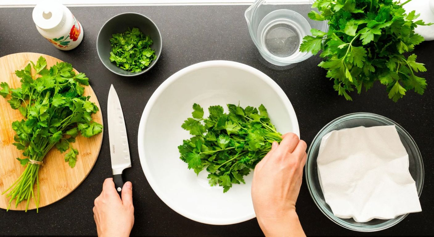 A Turkish kitchen counter with fresh parsley, a cutting board, a knife, a bowl of water, paper towels, and a freezer bag, as hands carefully wash, dry, and chop the parsley before placing it into the bag.