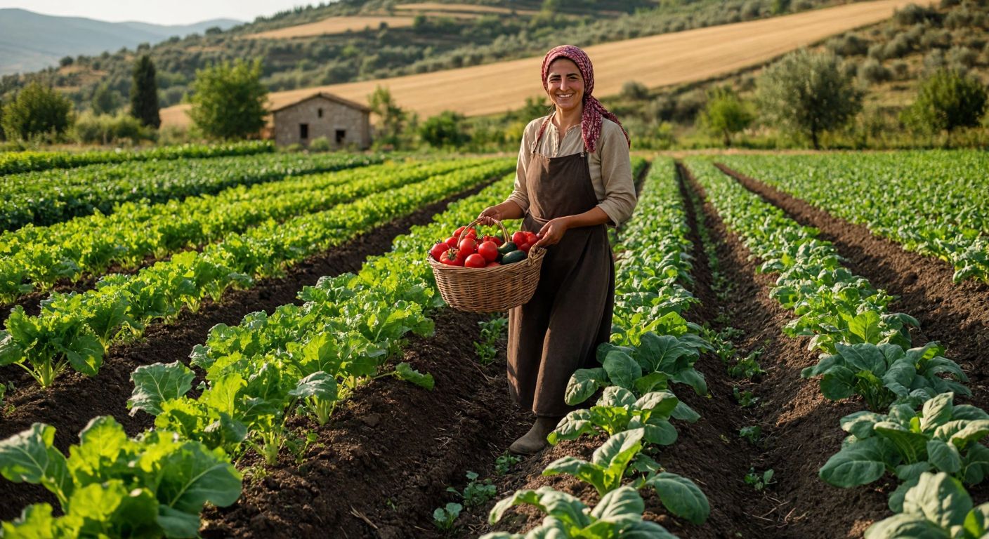 A sunlit Turkish farm field with vibrant organic vegetables growing in rich, dark soil, surrounded by a smiling farmer in traditional attire holding a basket of fresh produce.
