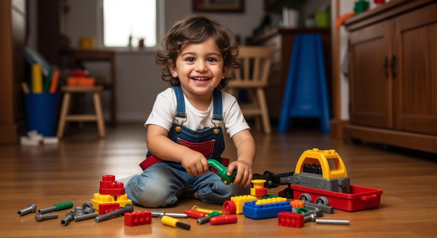 A smiling Turkish child, around 3-5 years old, wearing a small toolbelt, carefully holding a colorful toy drill set while sitting on a wooden floor with scattered toy screws and blocks nearby.