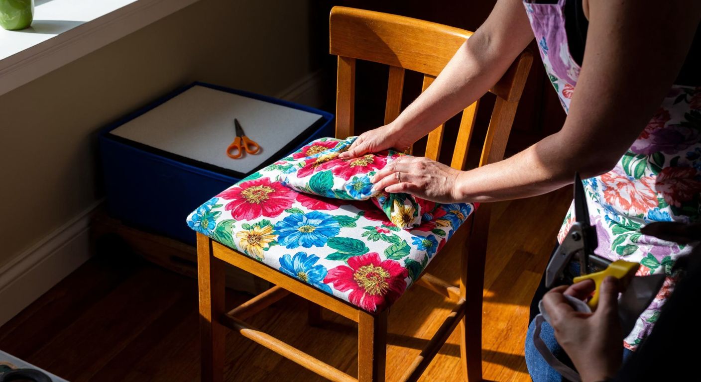 A pair of hands carefully stretching vibrant floral-patterned fabric over a wooden kitchen chair seat, with scissors, a staple gun, and foam padding neatly arranged on a sunlit wooden table nearby.