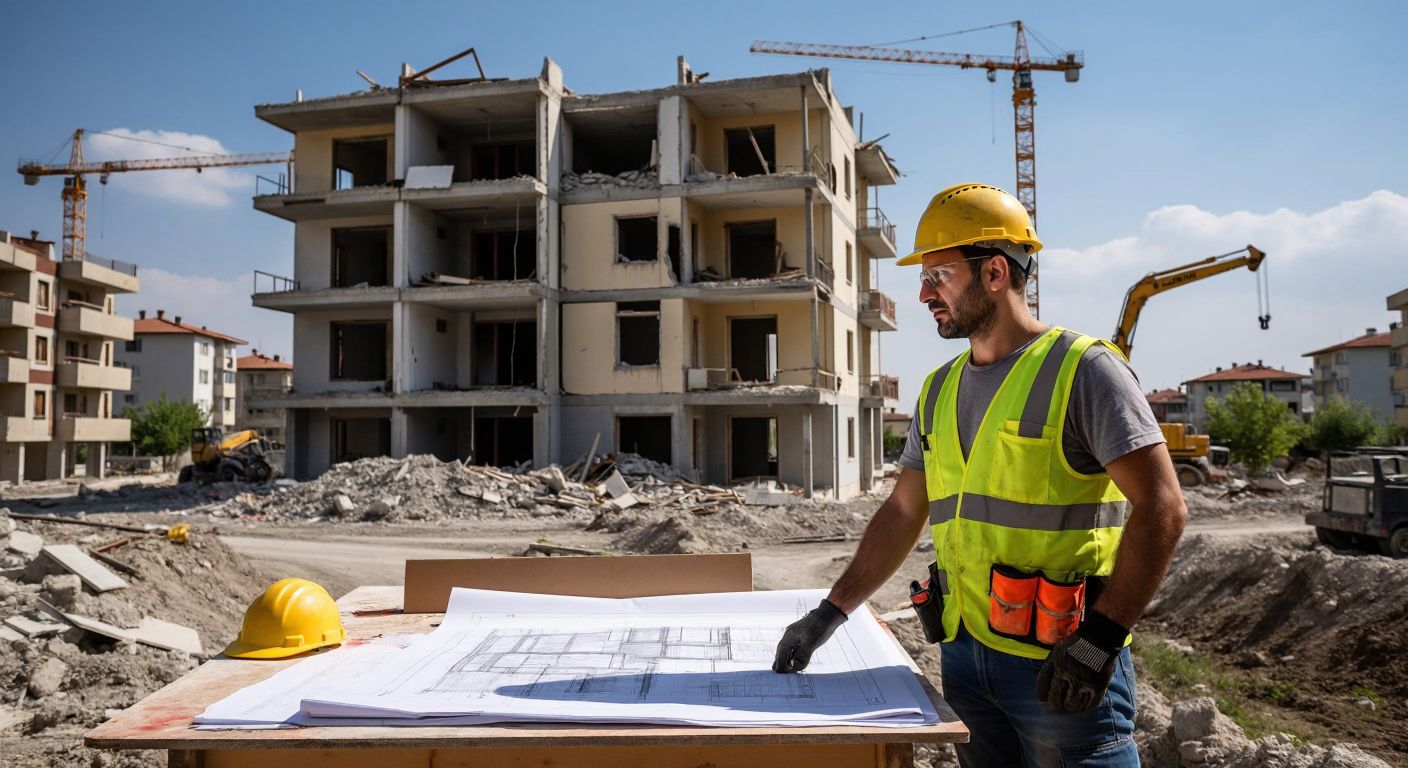 A construction worker in a yellow hard hat stands beside blueprints on a table, with a half-demolished apartment building in the background under a clear Turkish sky.