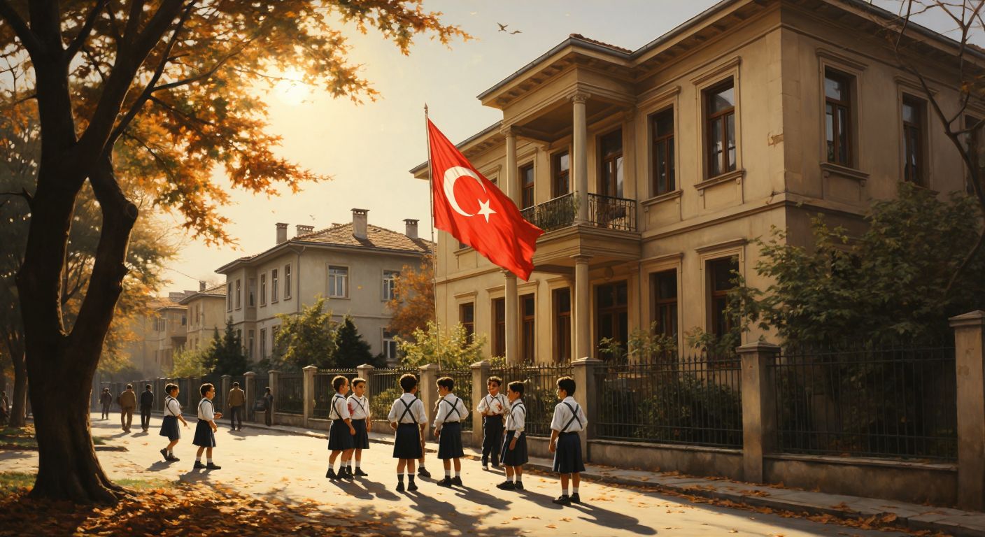 A sunlit school building with a Turkish flag waving in front, nestled in a bustling Istanbul neighborhood with children in uniforms chatting near a leafy sidewalk.