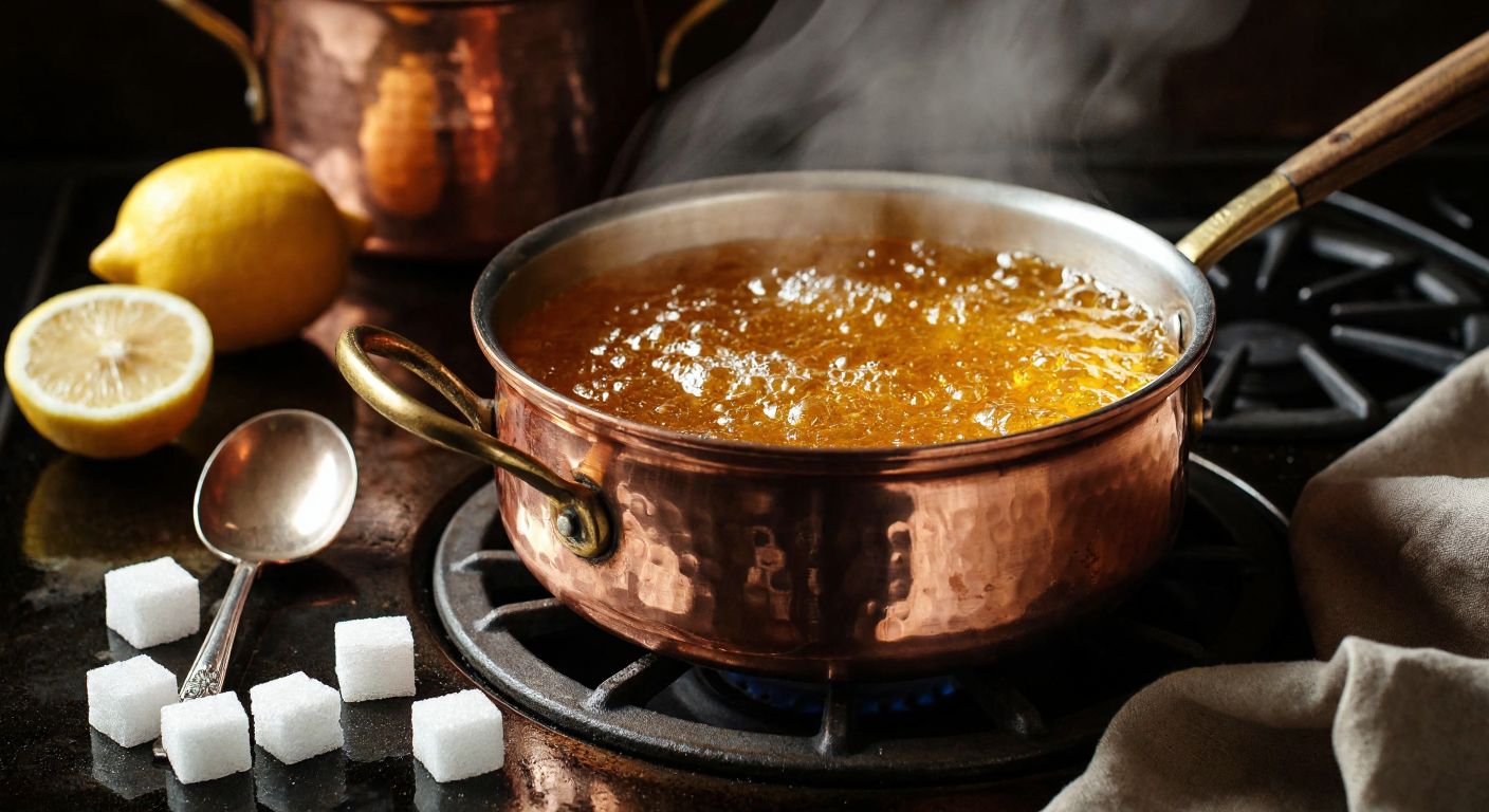 A steaming copper pot on a stovetop with golden syrup bubbling inside, surrounded by scattered sugar cubes, a halved lemon, and a wooden spoon resting nearby, evoking warmth and traditional Turkish dessert-making.