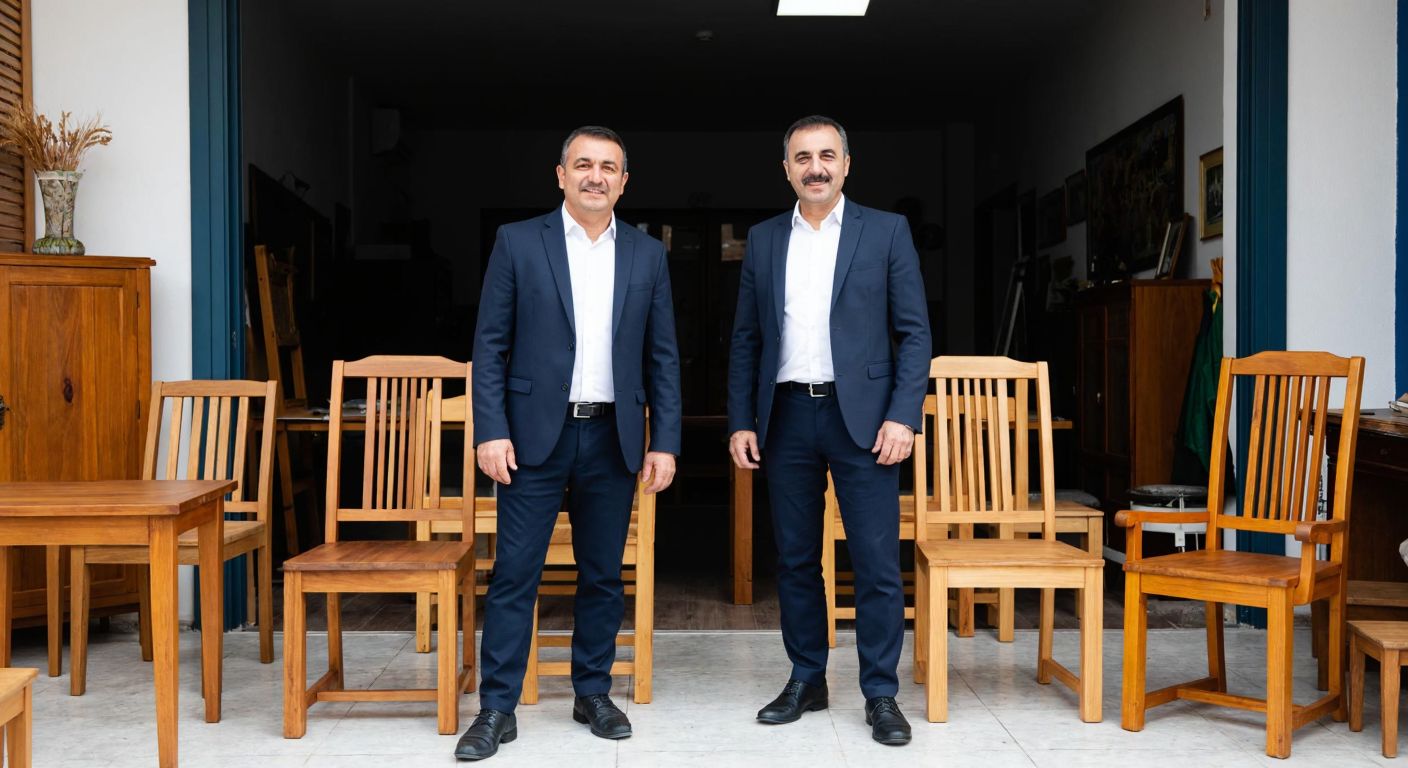 Two middle-aged Turkish brothers in business attire stand proudly in front of a modern furniture workshop in Bursa, surrounded by handcrafted wooden chairs and tables.