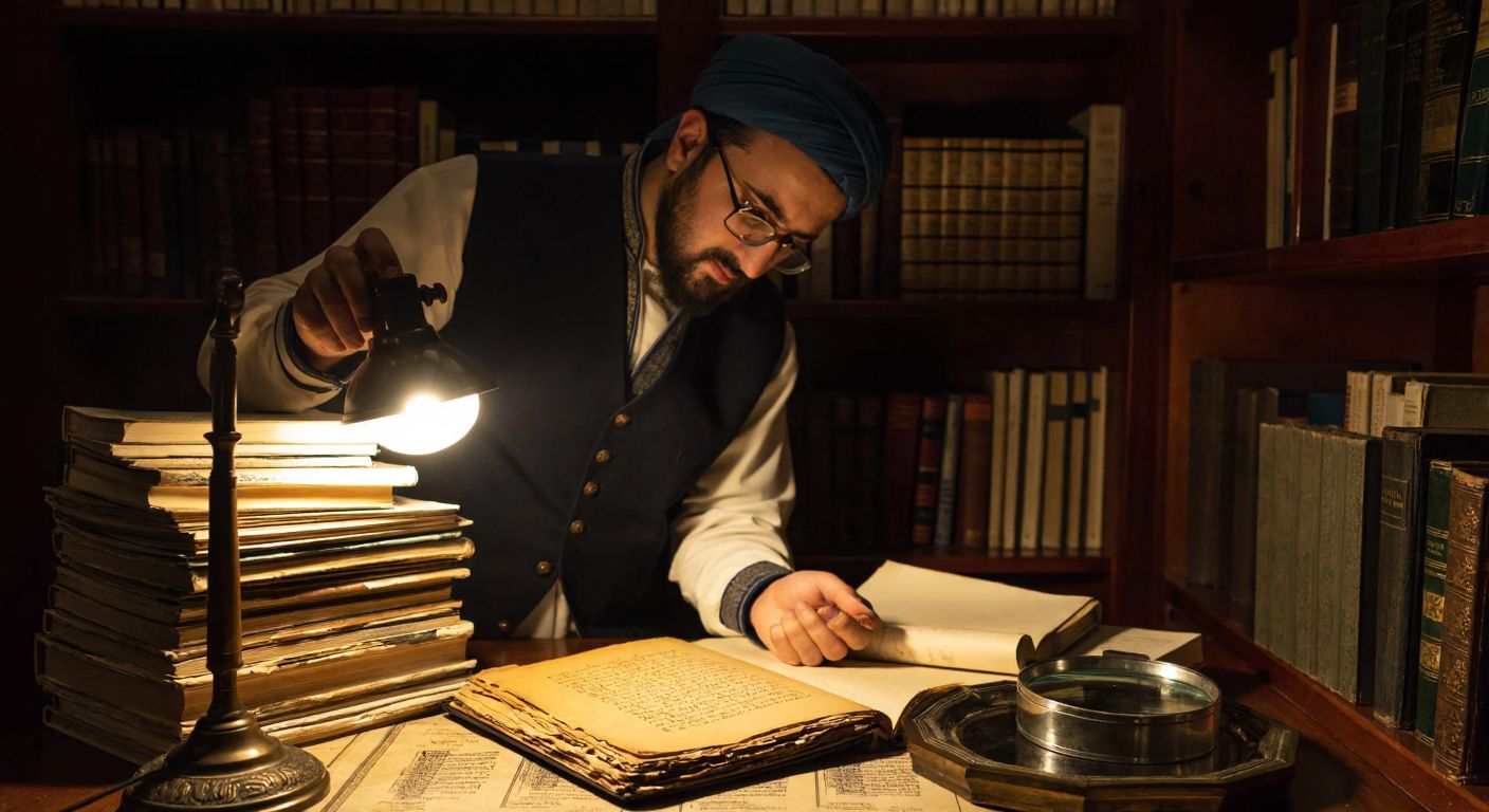 A Turkish scholar in a traditional library carefully examines an ancient manuscript under lamplight, surrounded by stacked books and a magnifying glass, embodying deep analysis and contemplation.