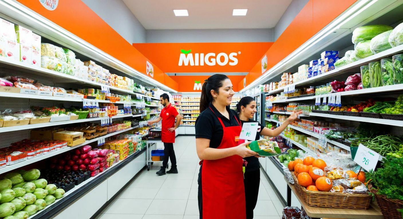 A bustling Turkish supermarket aisle with colorful shelves stocked with fresh produce, packaged goods, and a prominent Migros logo, while a cheerful cashier in a red uniform assists a customer.