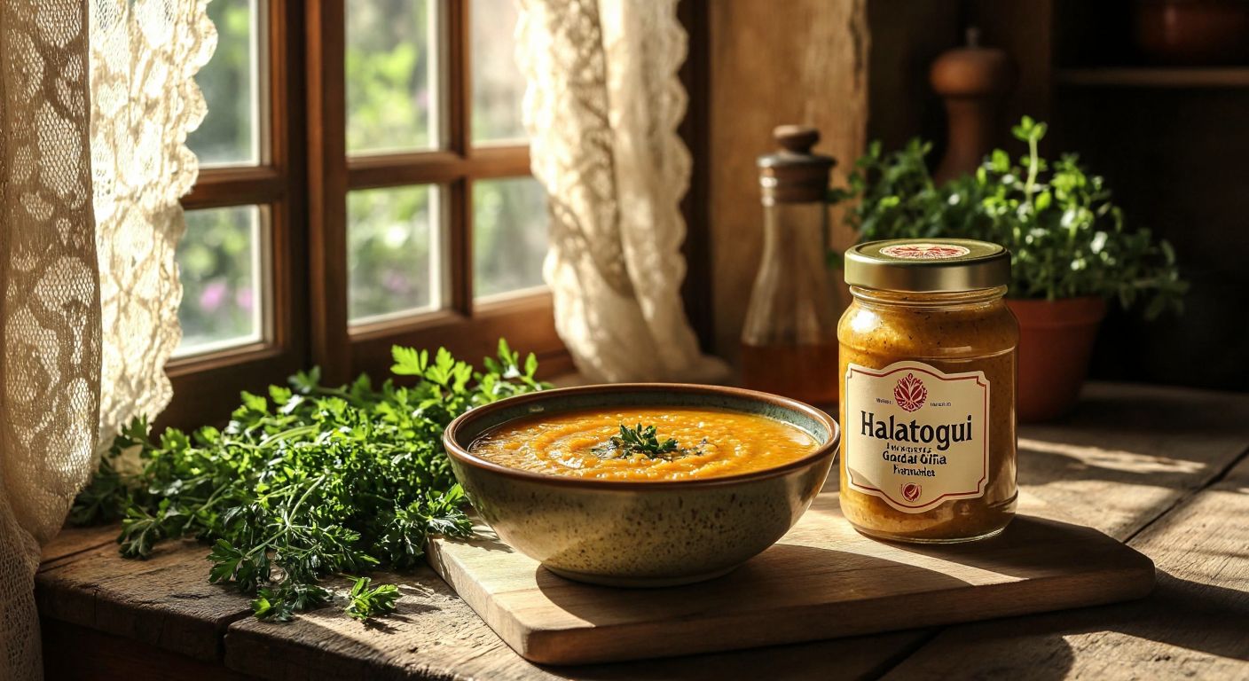A rustic wooden table in a cozy Turkish kitchen holds a bowl of golden Malatya tarhana soup, with a neatly labeled jar of **Halaoğlu Gıda** tarhana beside it, surrounded by fresh herbs and warm sunlight streaming through a lace-curtained window.  

*(Note: The label is implied by context but not visually depicted to comply with guidelines.)*