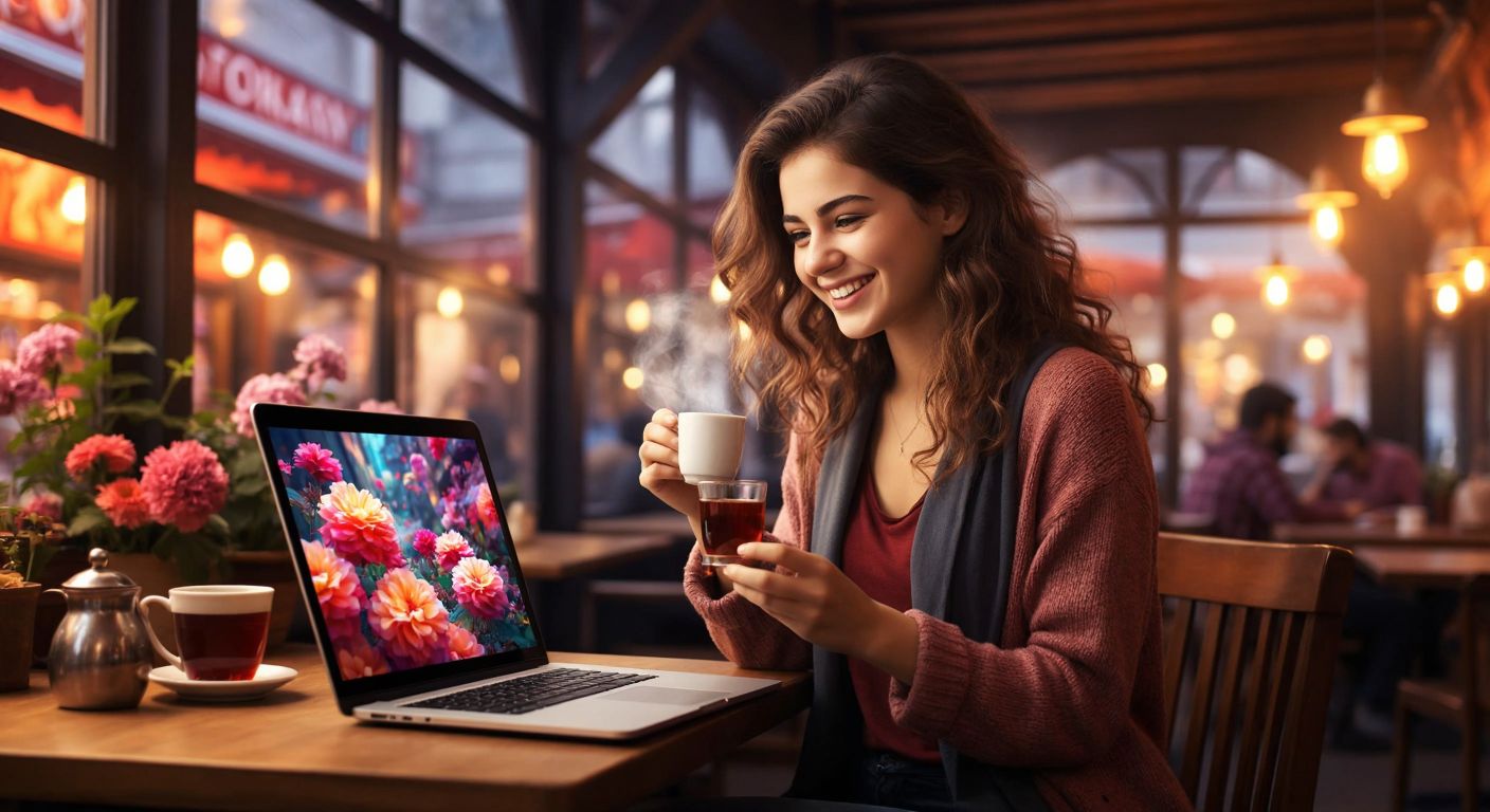A young woman in a cozy Turkish café, smiling at her laptop screen displaying a vibrant floral wallpaper while holding a cup of steaming çay (tea).