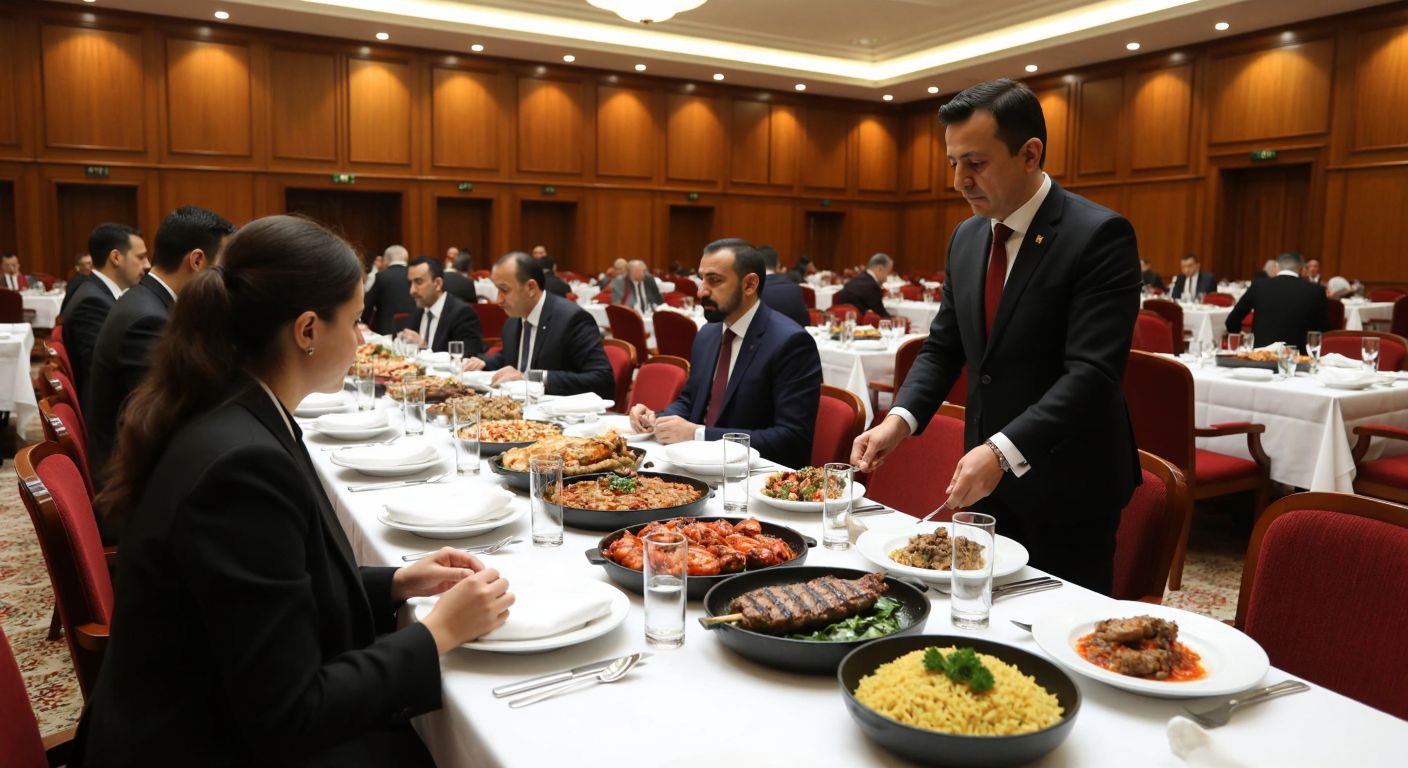 A dignified Turkish parliamentary dining hall with neatly set tables, steaming plates of traditional dishes like kebabs and pilaf, and waiters in formal attire serving tea, all under a solemn atmosphere with no alcoholic beverages in sight.