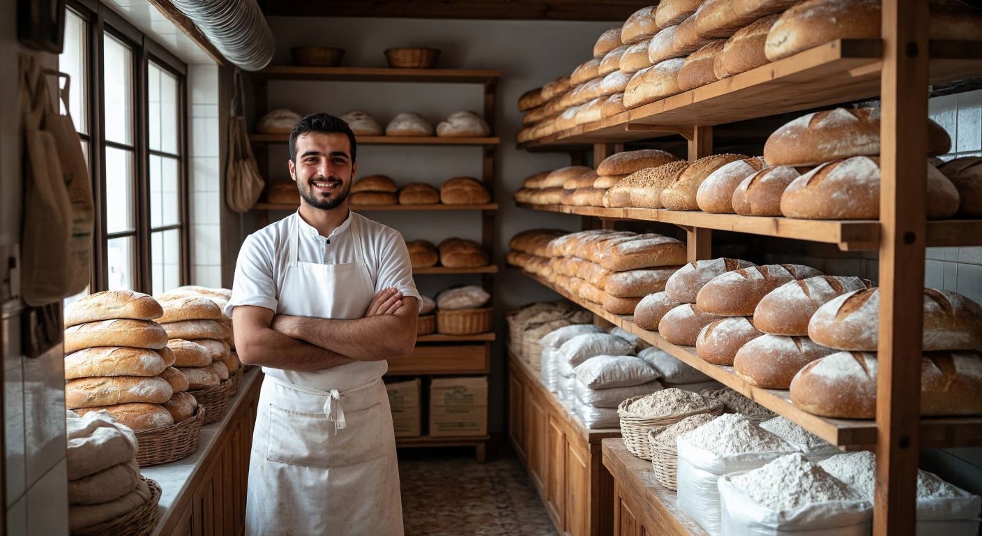A warm bakery in Turkey with freshly baked golden loaves of bread stacked neatly on wooden shelves, surrounded by sacks of flour, and a baker in a white apron smiling proudly.