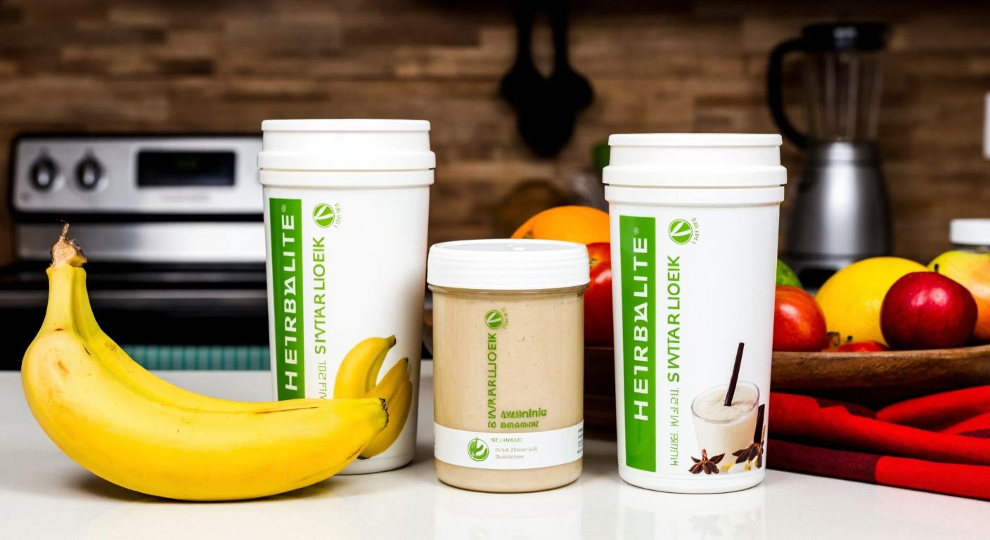 A vibrant Turkish kitchen counter displaying two Herbalife shake containers—one banana-flavored with a ripe yellow banana beside it, and the other vanilla-flavored with a vanilla pod—against a backdrop of fresh fruits and a blender.