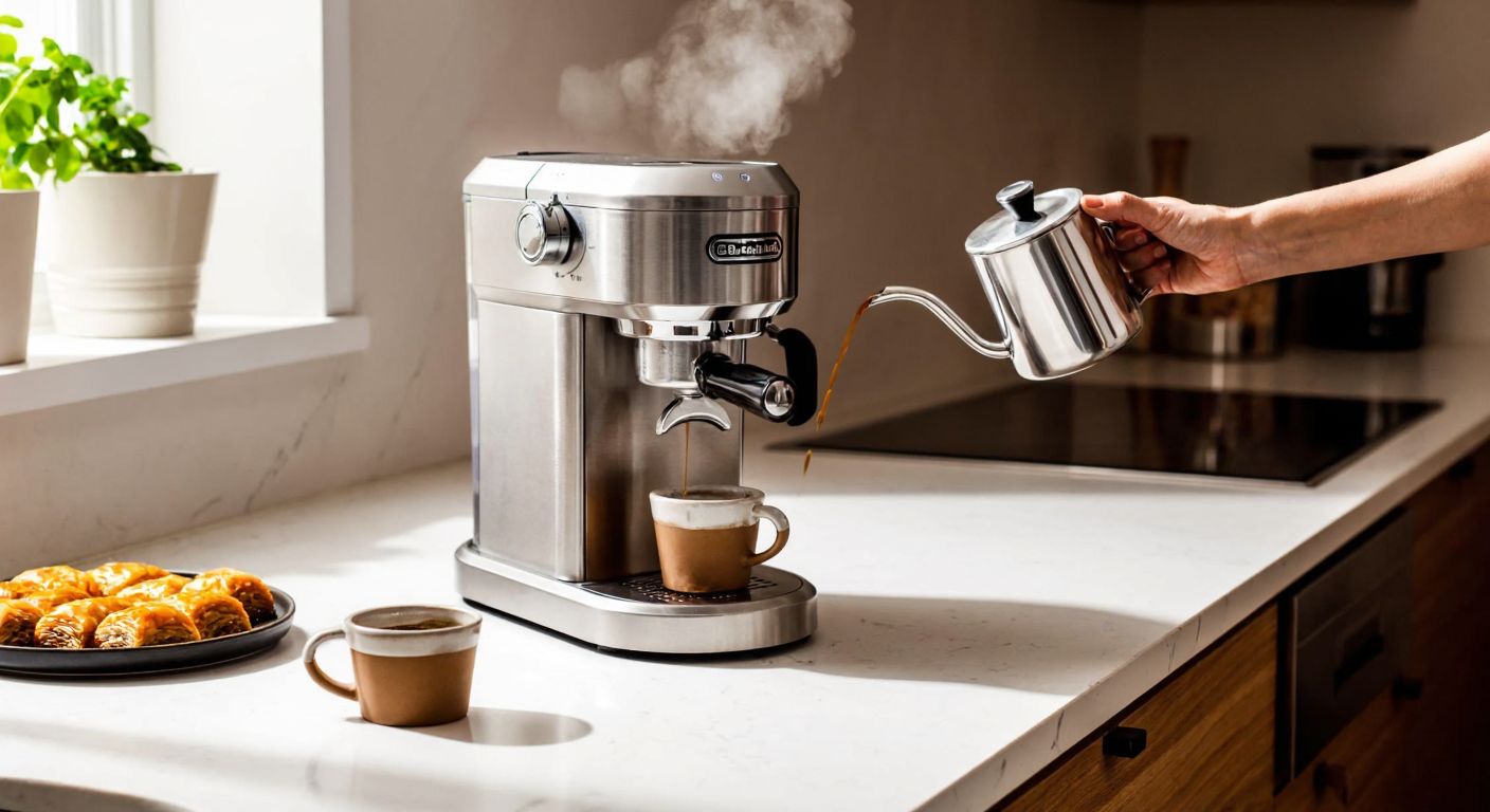 A sleek silver DeLonghi Dedica EC685 espresso machine sits on a marble countertop in a sunlit Turkish kitchen, with steam rising from its nozzle as a hand pours freshly brewed coffee into a small ceramic cup beside a plate of baklava.