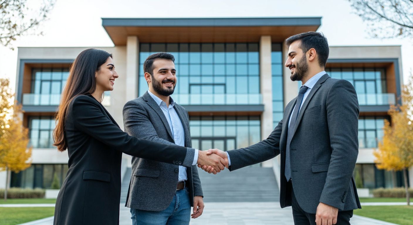 A Turkish couple shakes hands with a real estate agent in front of a modern government building, symbolizing trust and transparency in a property transaction.
