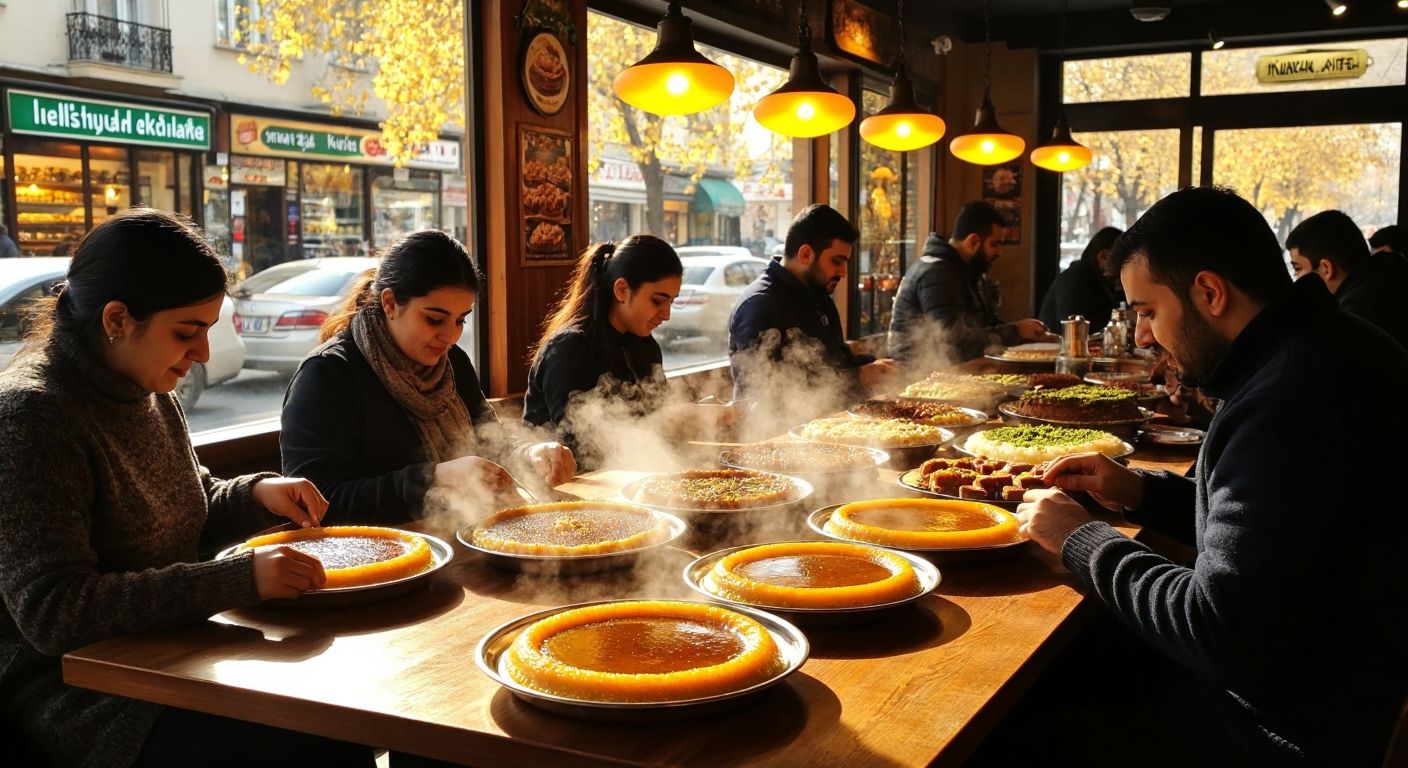 A warm, bustling künefe shop in Çankaya, Ankara, with golden trays of syrupy dessert, steam rising, and people of various ages enjoying the treat at wooden tables under soft yellow lighting.