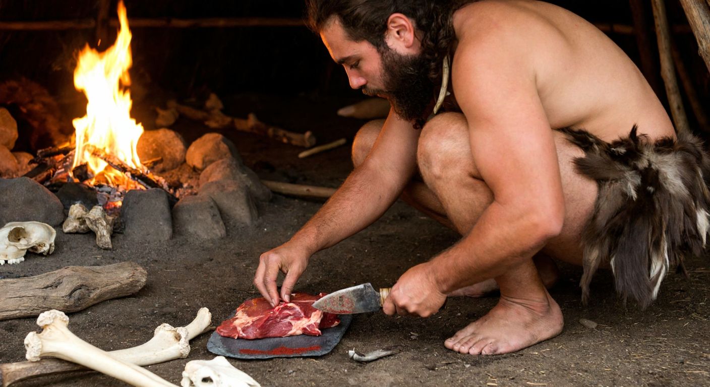 A prehistoric hunter in animal hides carefully using a sharp stone tool to butcher meat near a fire, surrounded by ancient tools and animal bones.