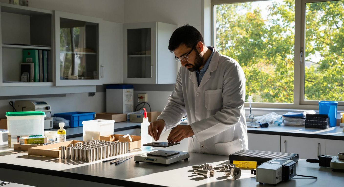 A Turkish scientist in a white lab coat carefully adjusts a precision scale in a sunlit university laboratory, surrounded by neatly arranged metal parts and measurement tools.