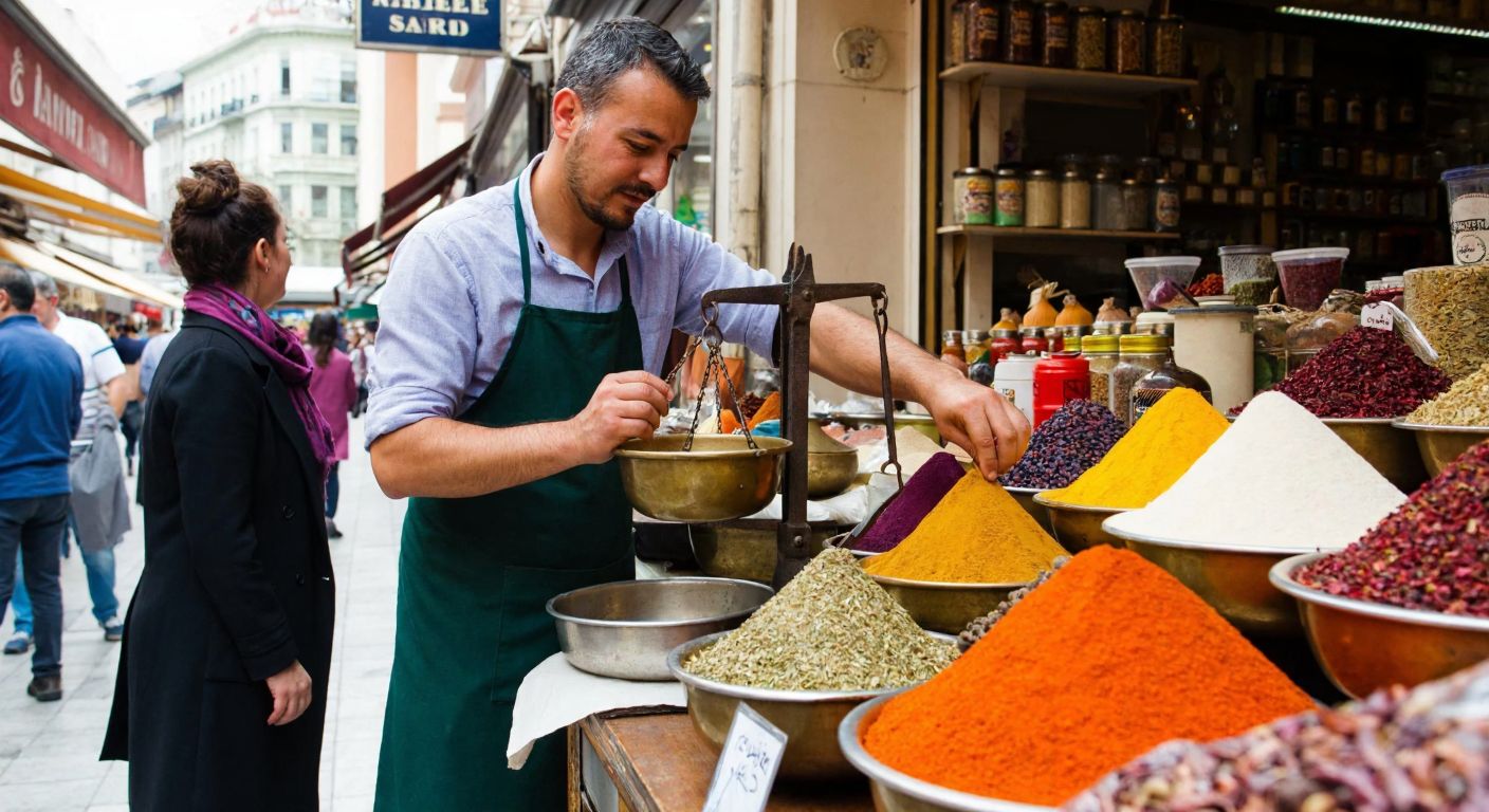 A Turkish shopkeeper in a bustling bazaar carefully weighing colorful spices on an old brass scale while a customer watches with anticipation.
