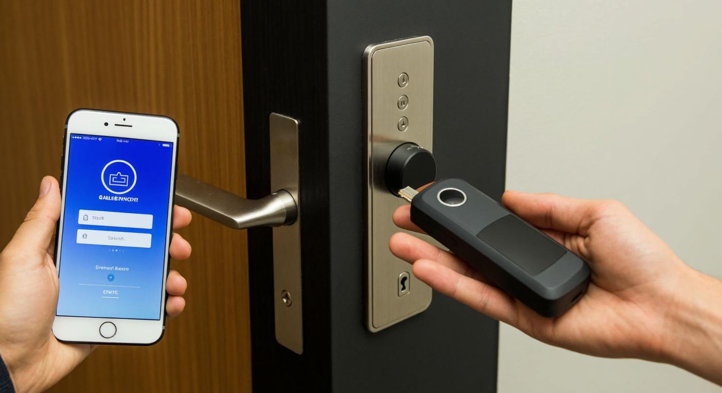 A person in Turkey holds a smartphone displaying a digital key app near a modern door lock, while another hand presents a small, sleek ASELSAN device for secure key transfer.