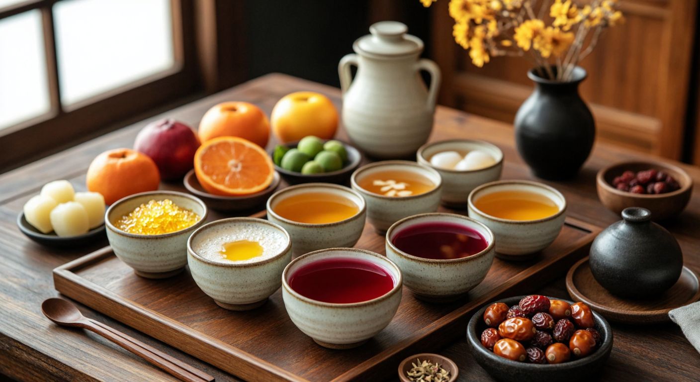 A traditional Korean wooden table set with small ceramic cups filled with colorful beverages like golden chrysanthemum tea, cloudy makgeolli, and ruby-red bokbunja ju, surrounded by fresh fruit and dried jujubes.
