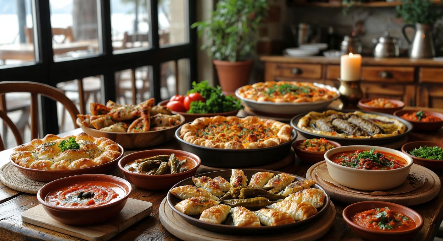 A vibrant Turkish dining table laden with golden börek, steaming balık çorbası, a bowl of bamya, a plate of barbunya, sizzling beğendili kebap, rolled beyti, fresh bezelye, and stuffed biber dolması, surrounded by warm, inviting light.