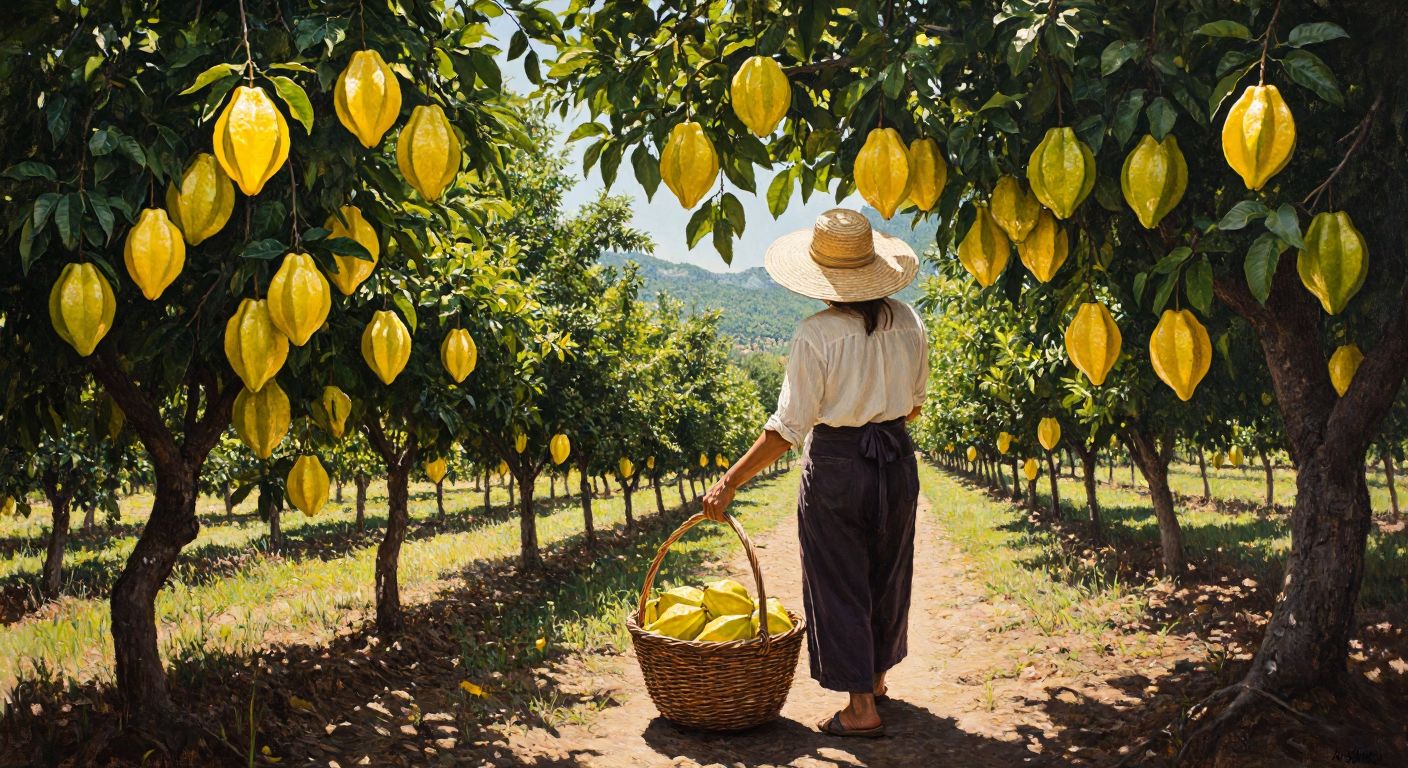 A sunlit orchard in Antalya with star-shaped carambola fruits hanging from lush green trees, their yellow-green skins glistening with dew, while a farmer in a wide-brimmed hat gently picks one with a woven basket at their feet.