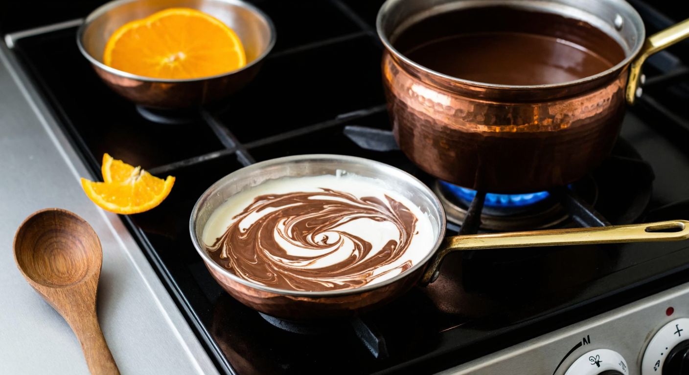 A warm Turkish kitchen with a copper pot on the stove, melted chocolate and cream swirling together, a freshly grated orange peel nearby, and a wooden spoon resting on the counter.