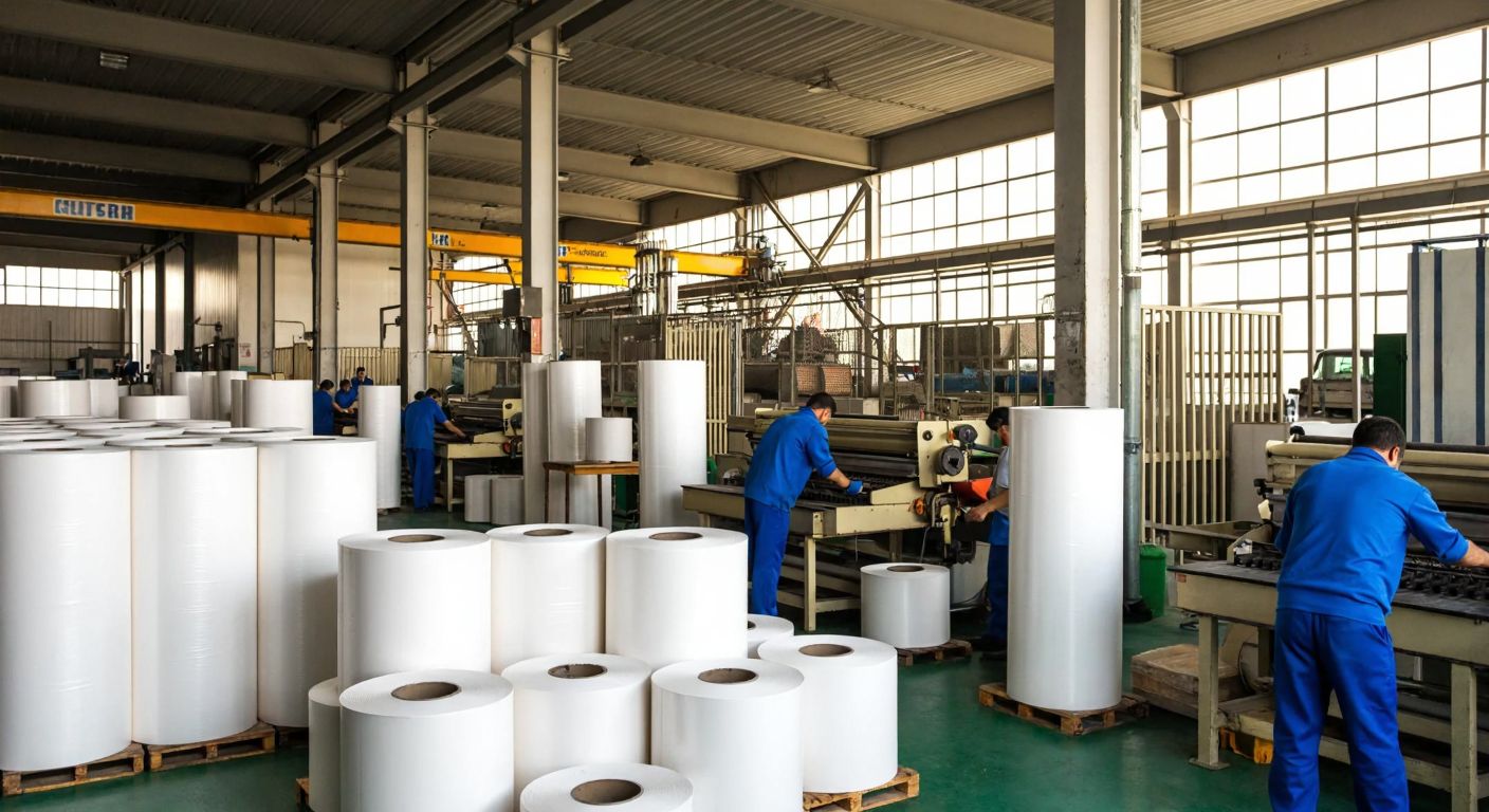 A bustling paper factory in Istanbul with stacks of neatly arranged paper rolls, workers in blue uniforms operating machinery, and a modern industrial building under a bright sky.