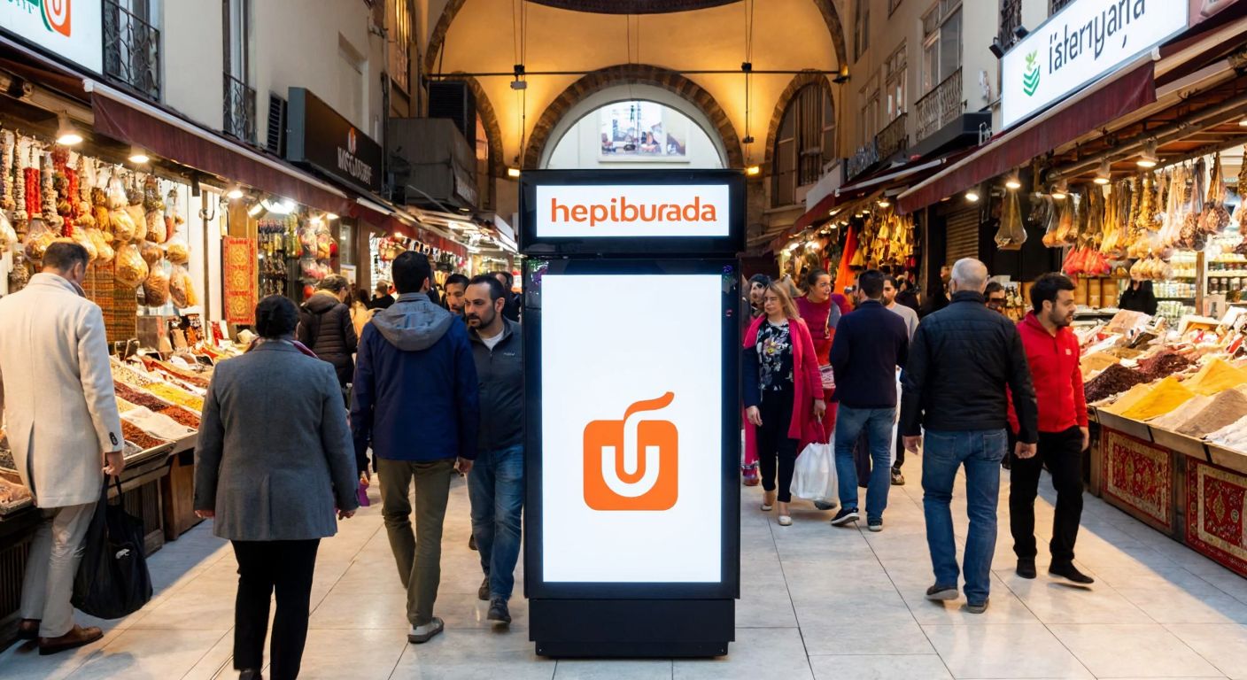 A bustling Turkish marketplace with a digital shopping kiosk displaying Hepsiburada's logo, surrounded by vibrant stalls selling local goods like spices and textiles, while a diverse crowd of shoppers engages with the screen.