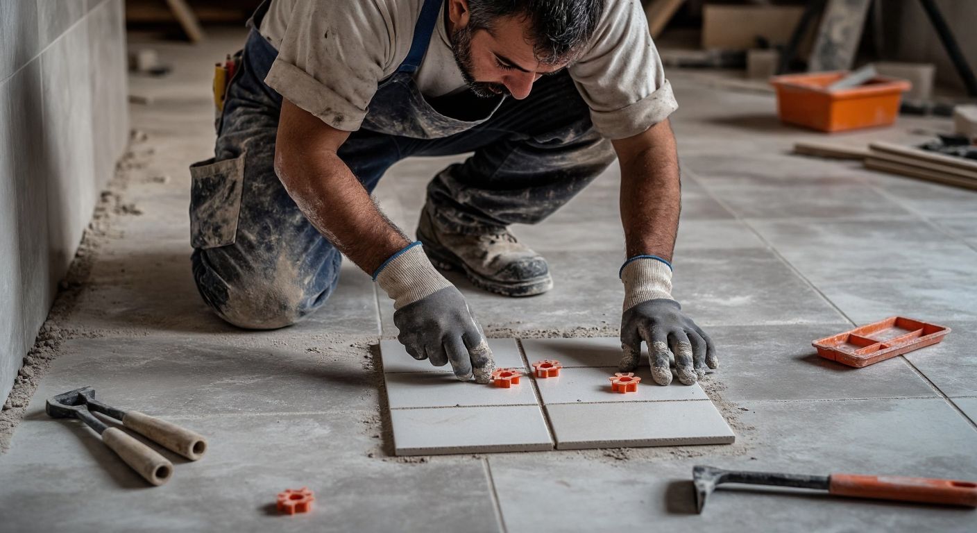 A Turkish construction worker in a dusty apron carefully aligns ceramic tiles on a floor using small plastic spacers, with scattered tools and a trowel nearby.