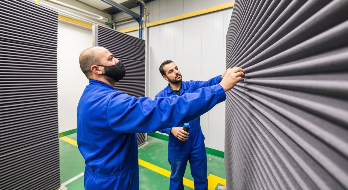 A Turkish worker in a blue jumpsuit carefully installs thick, flame-resistant acoustic foam panels on the walls of an industrial compressor room, while another colleague tests the sound levels with a handheld device.