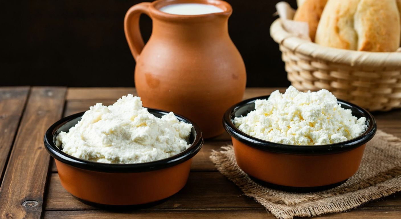 A rustic wooden table in a Turkish kitchen holds two small bowls—one filled with creamy white *kesmik* and the other with crumbly, fresh *lor*, both surrounded by a clay jug of milk and a basket of warm bread.