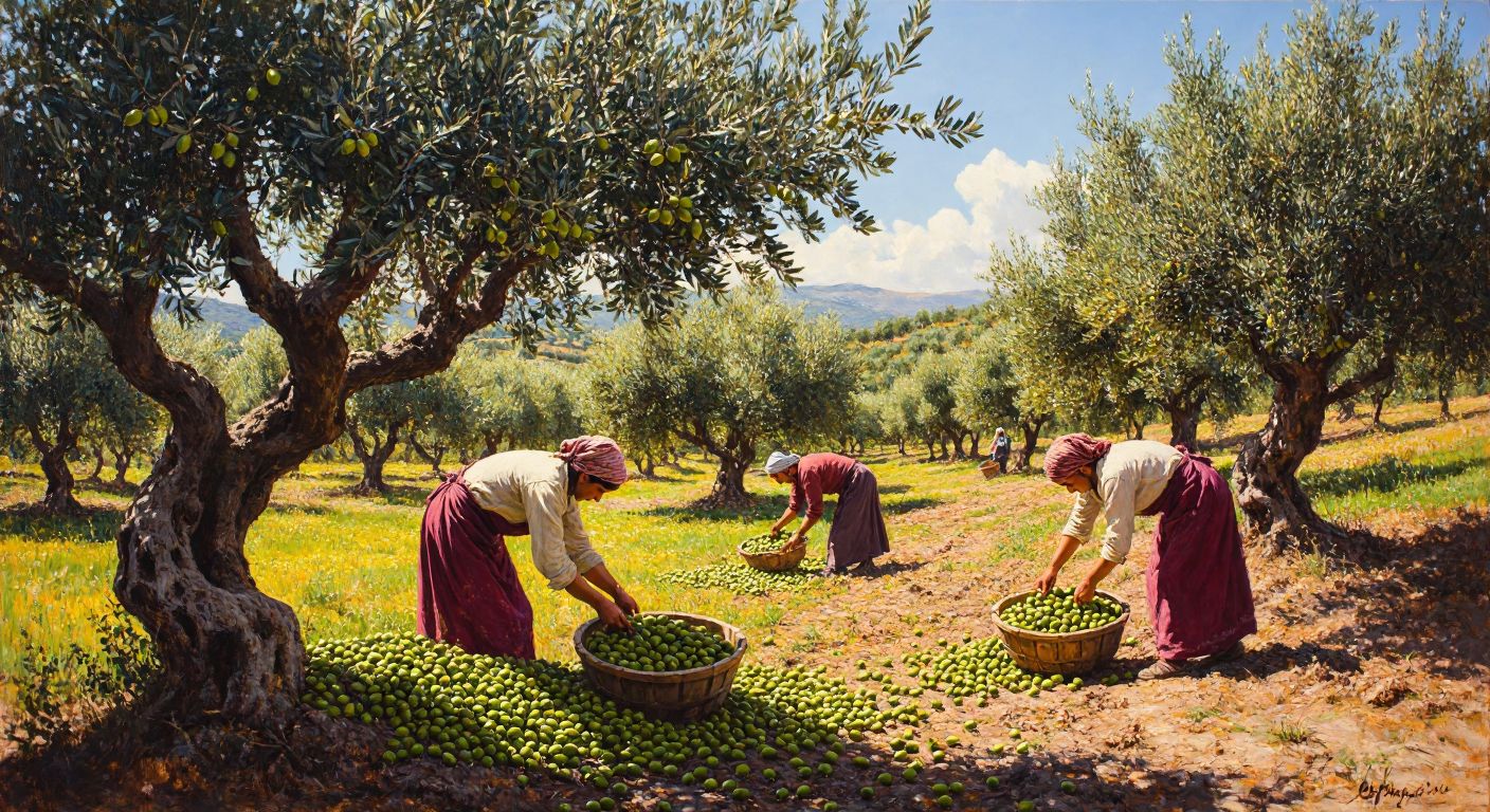 A sunlit olive grove in Turkey, with workers in traditional clothing carefully picking vibrant green olives from gnarled trees under a clear autumn sky.